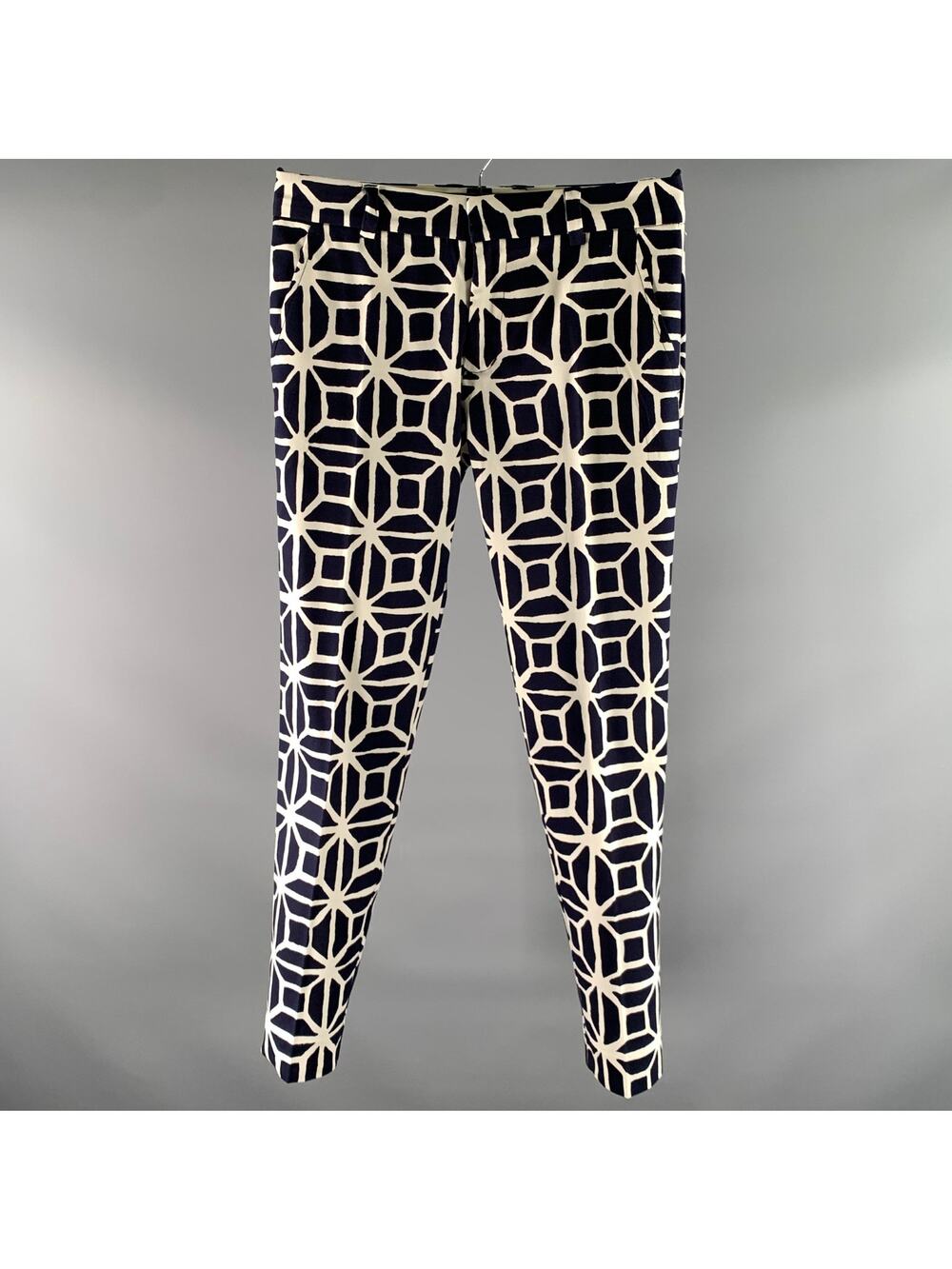 MR TURK Size 30 White Navy Tile Print Cotton Blend Slim Dress Pants